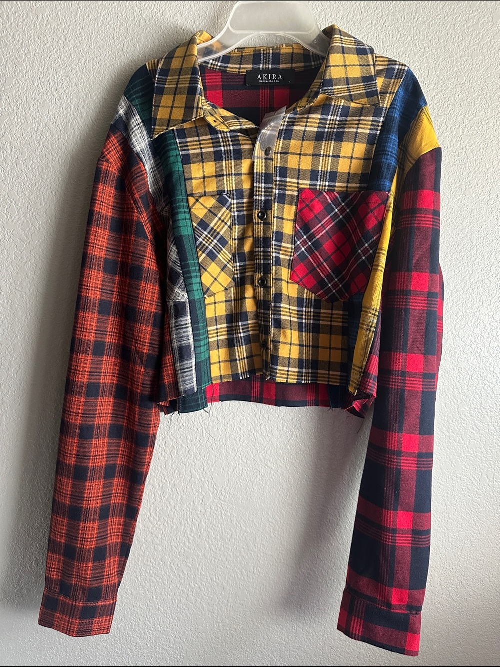 AKIRA Mixed Plaid Patchwork Cropped Shirt Jacket - Yellow, Red, Blue, Green